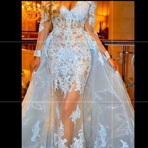 Blue Long Sleeve Lace Mermaid Dress